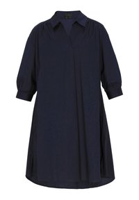 Marineblaues Kleid mit Kragen, kurzen Puffärmeln und einer lockeren A-Linie-Form. Hergestellt aus leichtem Stoff mit dezenter glänzender Oberfläche.