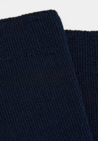 Tejido de punto azul marino que muestra una textura acanalada. El material es suave con líneas verticales tejidas de manera ajustada. Los bordes están bien terminados.