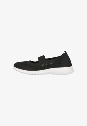 Zwarte ademende gebreide Mary Jane sneaker met elastische band en witte flexibele zool, zijaanzicht, geïsoleerd op witte achtergrond.