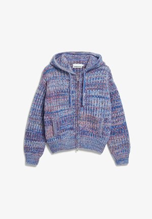 Gebreide hoodie in blauw-, paars- en roze tinten. Voorzien van een rits aan de voorkant, twee zijzakken en geribbelde boorden en zoom. Getextureerde stof.