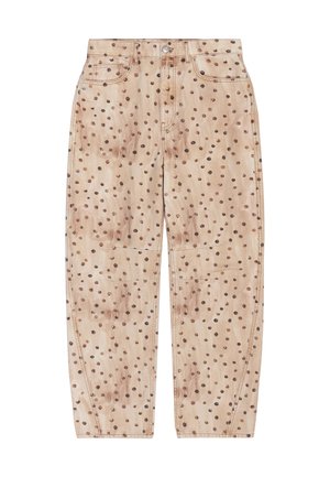 Beige broek met hoge taille en donkerbruine polkadots, frontale knoop- en ritssluiting, ontwerp met vijf zakken en rechte pijpen.