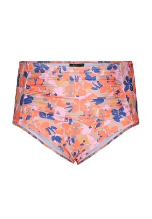 Hooggesneden zwembroek met een bloemenpatroon in roze, oranje en blauw op een beige achtergrond. Bevat gathered details aan de zijkanten.