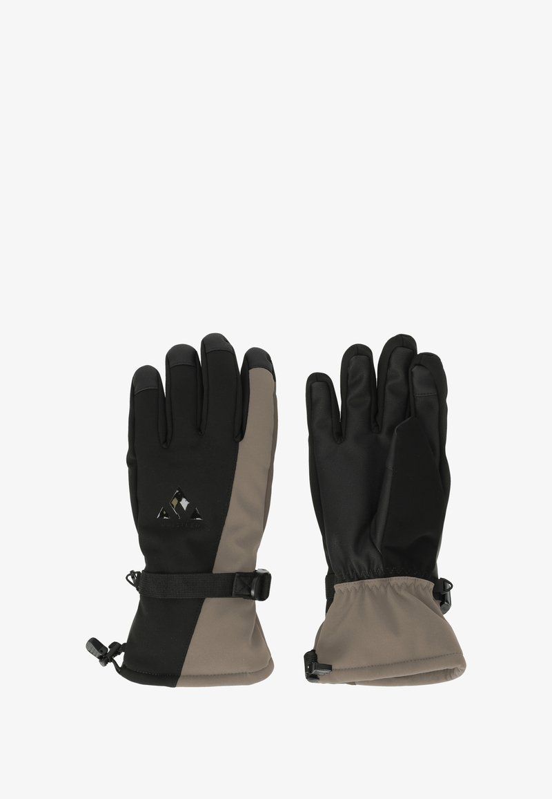 Waterdichte handschoenen in zwart en bruin. Softshell-materiaal, vijfvingerontwerp, verstelbare polsriem en getextureerde grip op de handpalmen.
