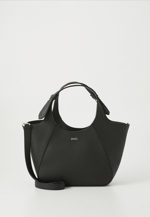 Black leather handbag with a textured surface, curved design, dual handles, and a detachable strap. Features a branded logo on the front.