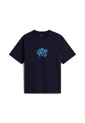 Navy blue cotton t-shirt featuring a stylized light blue "VANS" logo on the chest. Short sleeves, crew neckline, standard fit.