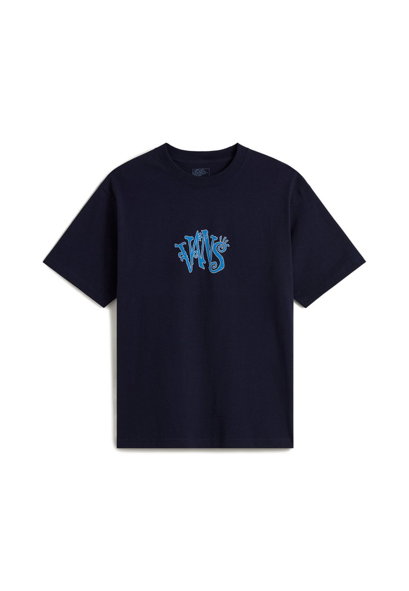Tmavě modré bavlněné tričko s stylizovaným světle modrým logem "VANS" na hrudi. Krátké rukávy, kulatý výstřih, standardní střih.