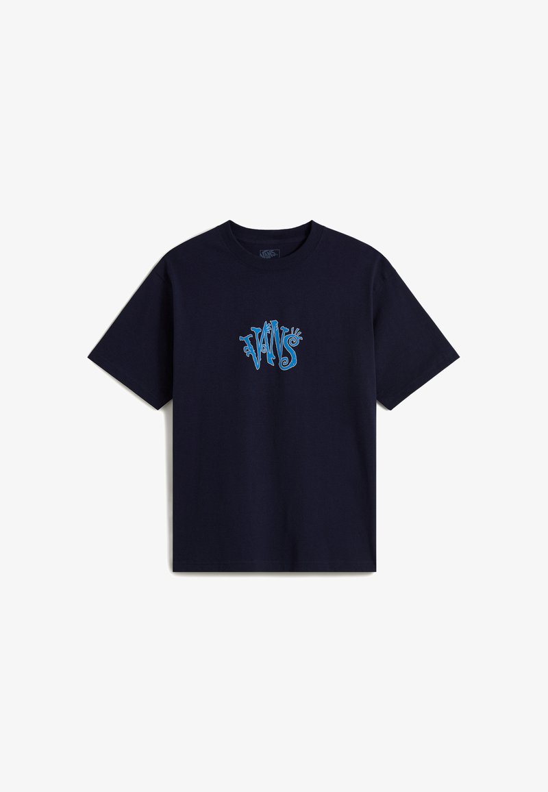 Navy blue cotton t-shirt featuring a stylized light blue "VANS" logo on the chest. Short sleeves, crew neckline, standard fit.