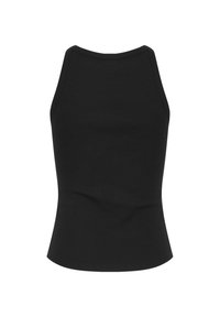 Top fără mâneci, negru, fabricat din material ribb. Are un gât rotund și o siluetă ajustată. Fără modele vizibile sau accesorii.