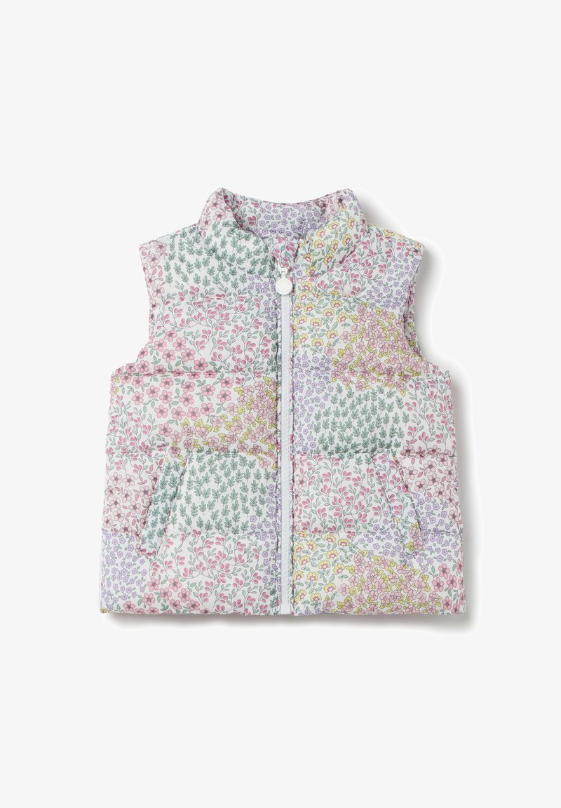 Padded floral vest featuring multi-colored patterns in pink, green, and yellow, with a zip front and two side pockets. Lightweight material.
