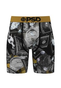 Men's black boxer briefs with gold waistband, featuring prints of diamond-encrusted watches, diamonds, and US $100 bills.