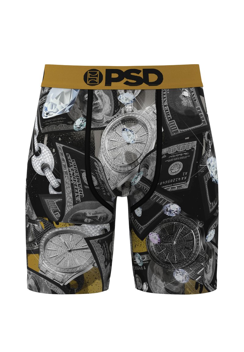 Men's black boxer briefs with gold waistband, featuring prints of diamond-encrusted watches, diamonds, and US $100 bills.