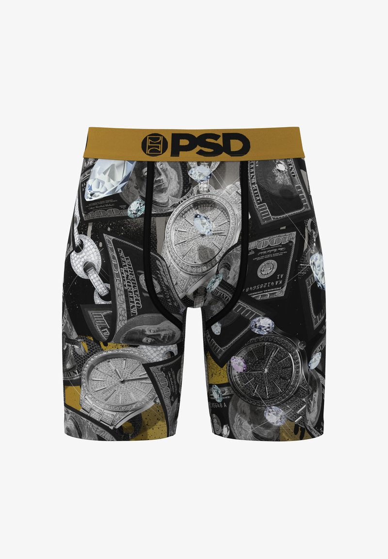Schwarze Boxershorts für Herren mit goldenem Bund, bedruckt mit Motiven von mit Diamanten besetzten Uhren, Diamanten und 100-Dollar-Scheinen.
