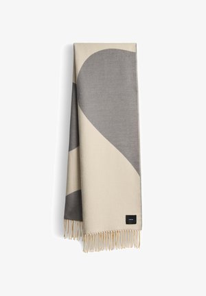 Beige and gray wool blend scarf featuring large geometric patterns and fringed edges. Includes a small black label with the brand name.