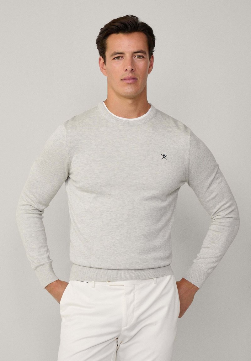 Hellgrauer Crewneck-Pullover mit langen Ärmeln, gerippten Bündchen und Saum, mit einem kleinen schwarzen Logo auf der linken Brust. Weicher Stoff.