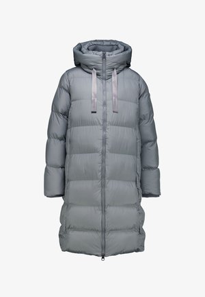 Dauerhafteste Jacke in Hellgrau mit hohem Kragen, durchgehendem Reißverschluss und breiten gesteppten Abschnitten zur Isolierung. Verstellbare Kapuze mit Riemen.