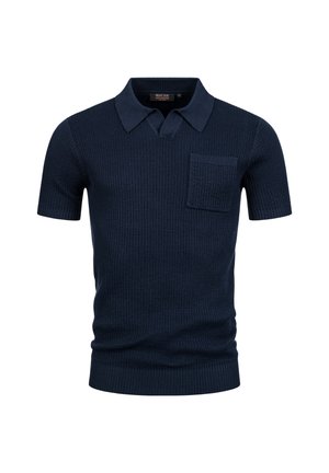 Polo shirt a maniche corte in maglia blu navy con colletto e taschino sul petto, caratterizzato da una trama a coste e un'etichetta di taglia media all'interno.
