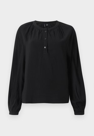 Black long-sleeve blouse with round neckline, three-button placket, and subtle gathers at shoulders and cuffs.