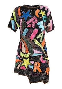 Kortärmad klänning i svart tyg, prydd med färgglada pärlbroderier av stjärnor, pilar och abstrakta mönster längs fållen.