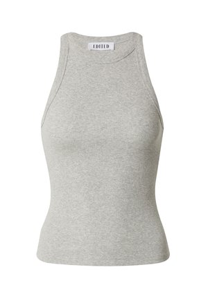 Graues, geripptes Tanktop mit hohem Ausschnitt und ärmellosem Design, das eine figurnahe Silhouette und ein gesticktes Etikett am Hals aufweist.