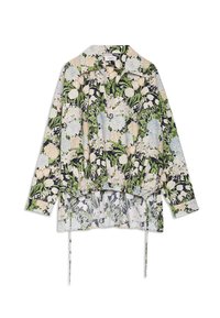 Blouse à manches longues à motifs floraux verts, blancs et pastels, avec col, détails à boutons et cordons réglables à l'ourlet.
