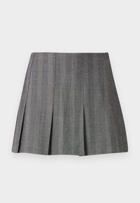 Jupe plissée grise en tissu texturé avec des rayures verticales, dotée d'une taille ajustée et d'une silhouette en A.