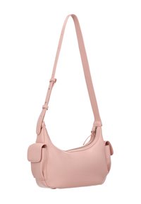 Borsa a tracolla in pelle rosa dalla forma curva, con tracolla regolabile, chiusura con zip e una tasca laterale per una maggiore funzionalità. Texture liscia.