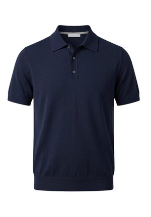 Polo blu navy a maniche corte con tre bottoni e orlo a costine, mostrata su sfondo bianco.