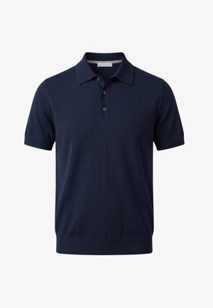 Polo blu navy a maniche corte con tre bottoni e orlo a costine, mostrata su sfondo bianco.