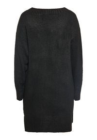 Maglione nero a maglia con scollo e polsini a coste, caratterizzato da una vestibilità morbida e spacchi laterali per una maggiore comodità. Texture morbida, colore uniforme.