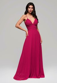 Fuchsia Abendkleid mit tiefem V-Ausschnitt, gefaltetem Oberteil und fließendem Rock. Es hat dünne Träger und eine taillierte Linie für eine schlanke Silhouette.