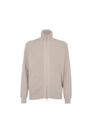 Beżowa dzianinowa kurtka na zamek z wysokim kołnierzem, dwoma przednimi kieszeniami i prążkowaną fakturą. Posiada okrągły suwak.