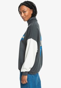 Fleece pullover, dark gray with white sleeves, high collar, blue graphic detail on front, relaxed fit, ribbed cuffs and hem.
