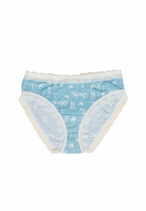 Damen Baumwollunterwäsche in Hellblau mit weißen, verspielten Mustern. Mit einem Spitzenrand und einem klassischen Slip-Schnitt für eine bequeme Passform.