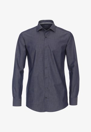 Donkerblauwe lange mouwen shirt van gestructureerde stof, met een klassieke kraag, zwarte knopen en een patroon aan de binnenkant van de kraag.