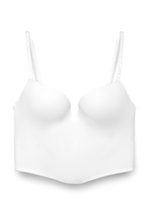 Reggiseno lungo imbottito bianco con sottili spalline regolabili e coppe senza cuciture, mostrato disteso su uno sfondo bianco.