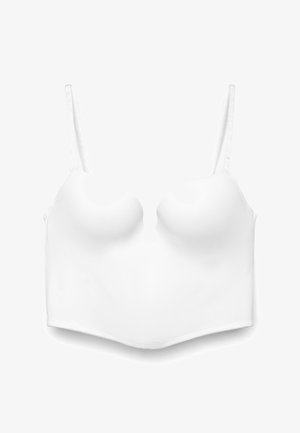 Reggiseno lungo imbottito bianco con sottili spalline regolabili e coppe senza cuciture, mostrato disteso su uno sfondo bianco.