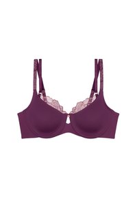 Purple lace-trimmed bra featuring a smooth design, molded cups, decorative hardware at the center, and adjustable dual straps for support.