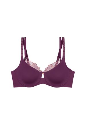 Purple lace-trimmed bra featuring a smooth design, molded cups, decorative hardware at the center, and adjustable dual straps for support.