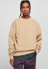 Felpa beige realizzata in tessuto morbido, con scollo rotondo, spalle scese e polsini a coste. Indossata sopra una camicia verde scuro e pantaloni viola.