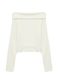 Witte geribbelde lange mouw crop top met een off-the-shoulder halslijn en gegolfde zoom. Zachte stof met een gladde textuur.