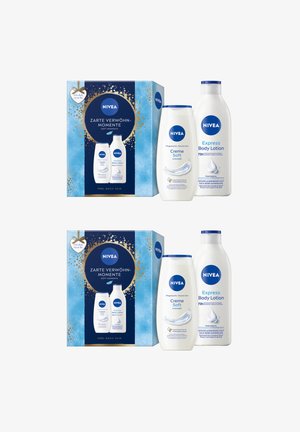 Nivea Creme Soft shower cream and Express Body Lotion bottles next to decorative blue and gold gift boxes labeled "Soft Moments."