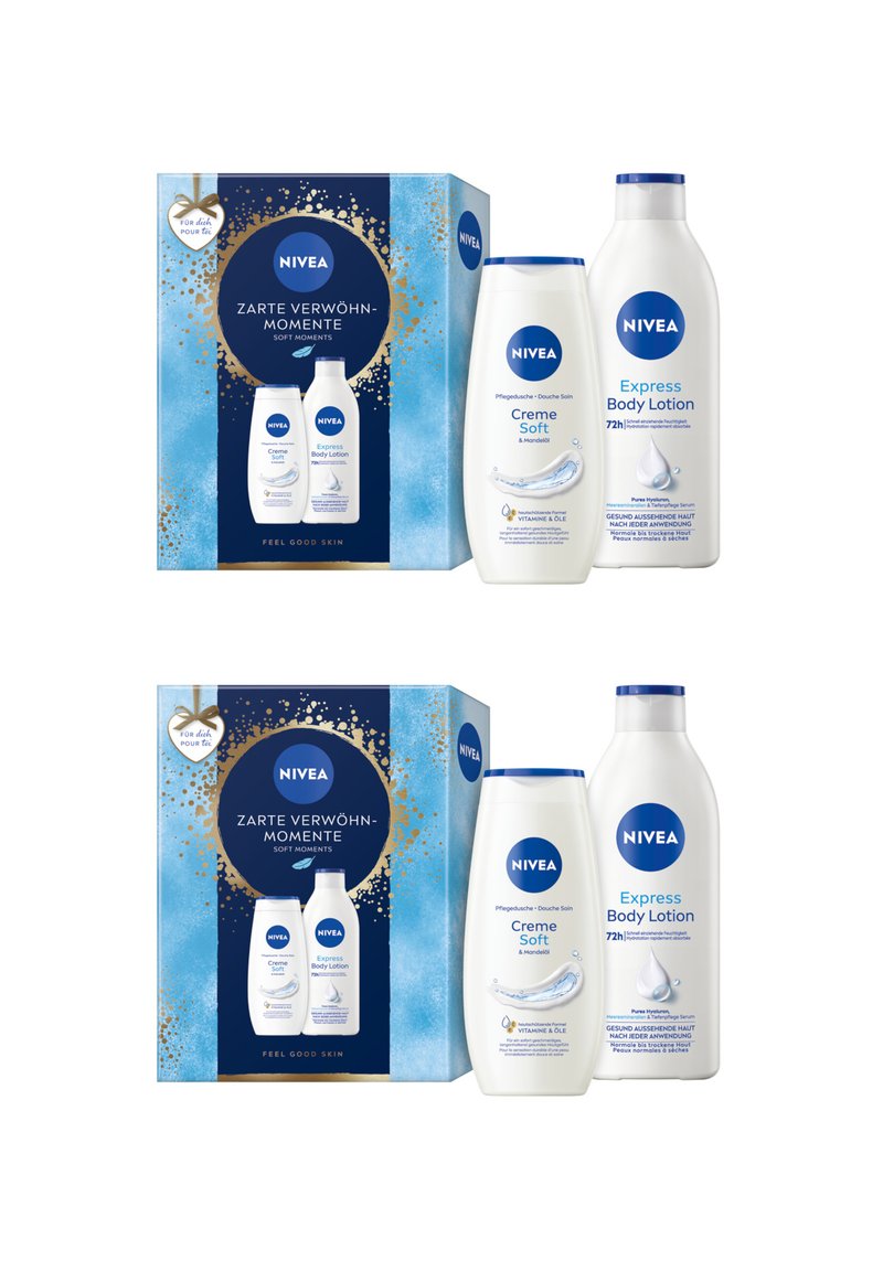 Nivea Creme Soft Duschcreme und Express Körperlotion Flaschen neben dekorativen blauen und goldenen Geschenkboxen mit der Aufschrift "Sanfte Momente".
