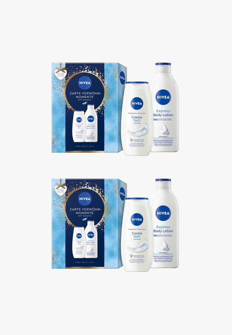 Nivea Creme Soft shower cream and Express Body Lotion bottles next to decorative blue and gold gift boxes labeled "Soft Moments."