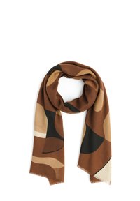 Sciarpa astratta marrone con motivi curvilinei in tonalità terrose, con accenti neri e frange alle estremità, realizzata in tessuto morbido.