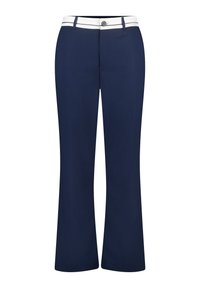 Marineblauwe broek met een rechte pijp. Voorzien van een witte tailleband en een knoopsluiting aan de voorkant. Gemaakt van gladde stof zonder patronen.