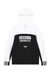 Sweatshirt à capuche noir et blanc avec une poche avant, trois écussons du logo Adidas et des poignets à rayures. Tissu doux, design décontracté.