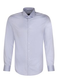Lys blå langermet skjorte laget av glatt stoff, med spredt krage og knappelukking foran, samt mansjettakenter.