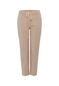 Pantalons en coton beige avec une taille à cordon, deux poches avant et des coutures sur le devant. Design léger et décontracté.