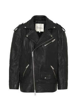 Black leather motorcycle jacket featuring a double-breasted design, silver zippers, textured finish, and classic lapels.