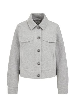 Veste en polaire grise avec un col à revers, patte de boutonnage à l'avant, deux poches poitrine et des détails cousus. Comprend des manches longues et une coupe courte.